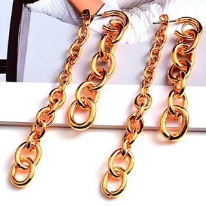 Unisex Pierced Earrings Long Dangle Drop Chain Link Metal Gold Tone Trendy